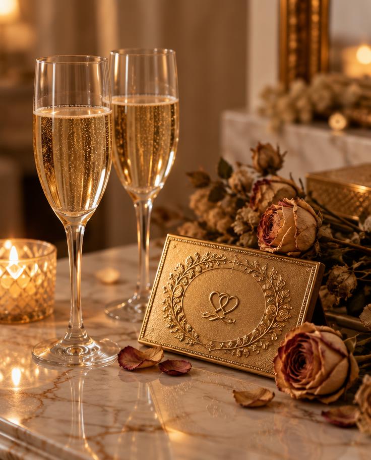 Two champagne glasses beside an engraved keepsake plaque