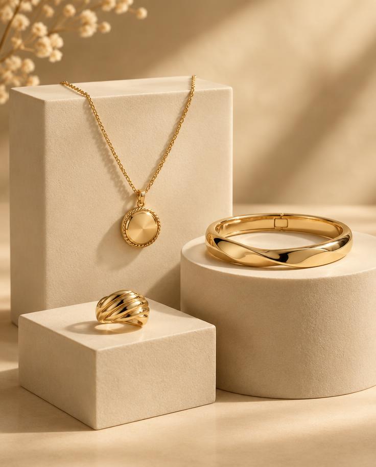 Gold necklace, bangle and ring displayed on cream pedestals