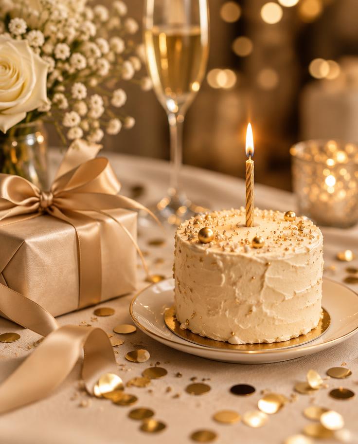 Small birthday cake with a lit candle and a ribboned gift