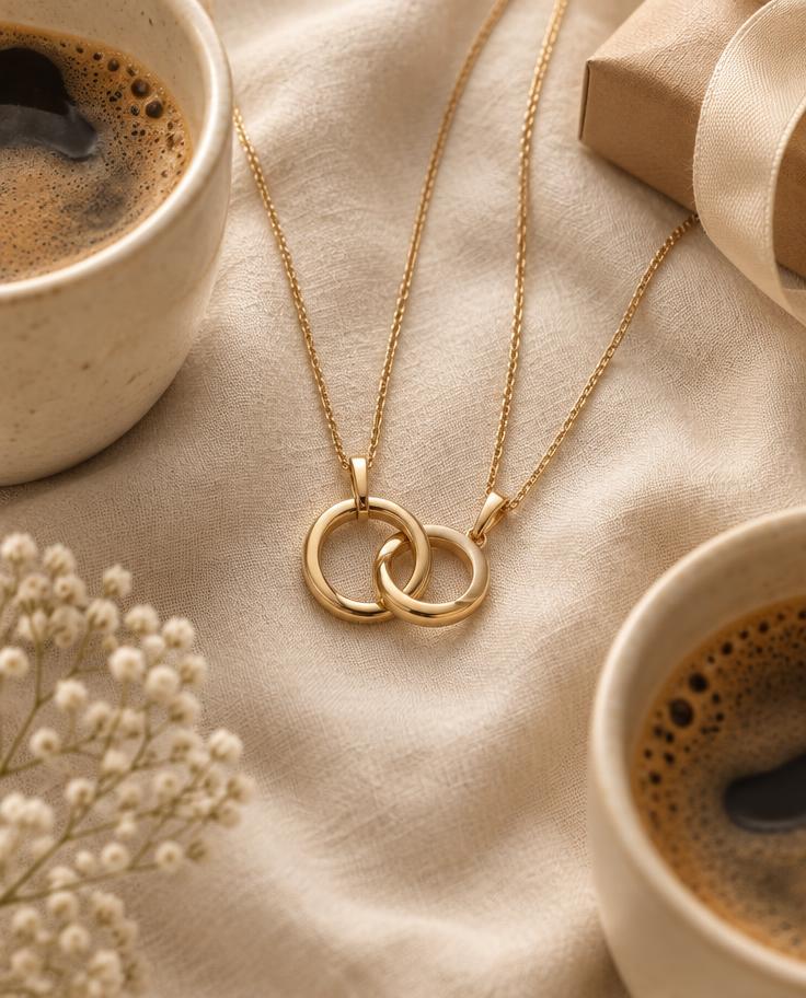 Two interlocking gold pendant necklaces on cream linen