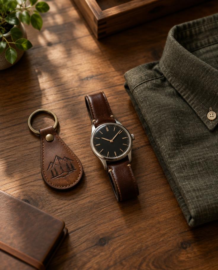 Leather keychain and classic watch on a wooden table