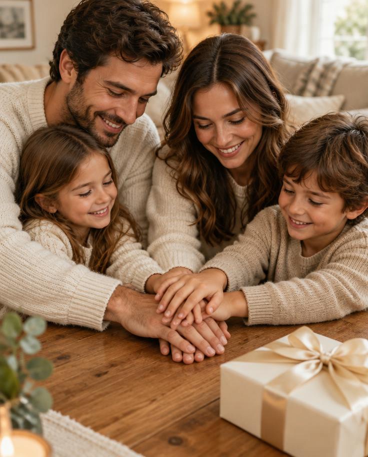 Family with hands stacked together beside a wrapped gift