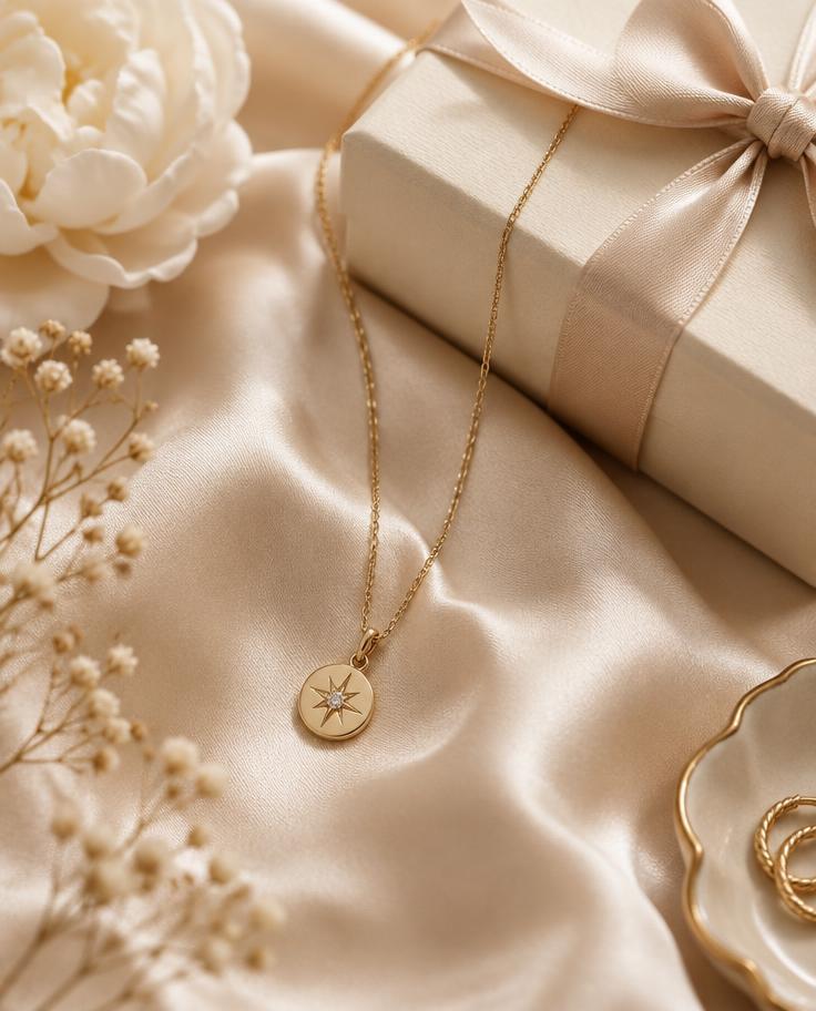 Delicate gold pendant necklace beside a cream gift box