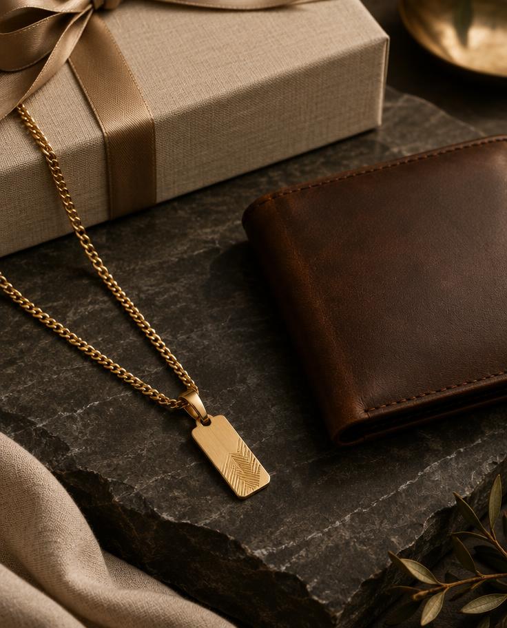 Engraved gold pendant and brown leather wallet on dark stone