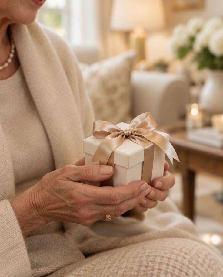 Mother holding a cream gift box tied with a champagne ribbon