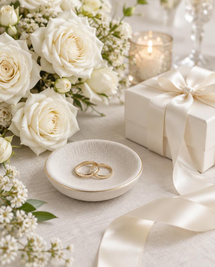 Wedding rings in a linen dish with white roses and an ivory gift box