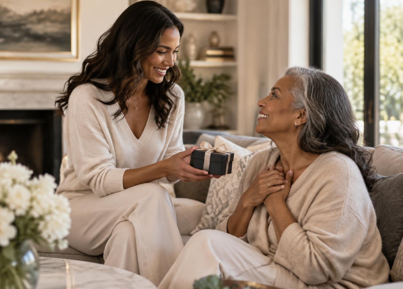 A daughter giving her mother a keepsake